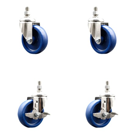Service Caster 4 Inch 316SS Solid Polyurethane Swivel 3/8 Inch Threaded Stem Caster Brake, 2PK SS316TS20S414-SPUS-381615-2-TLB-2